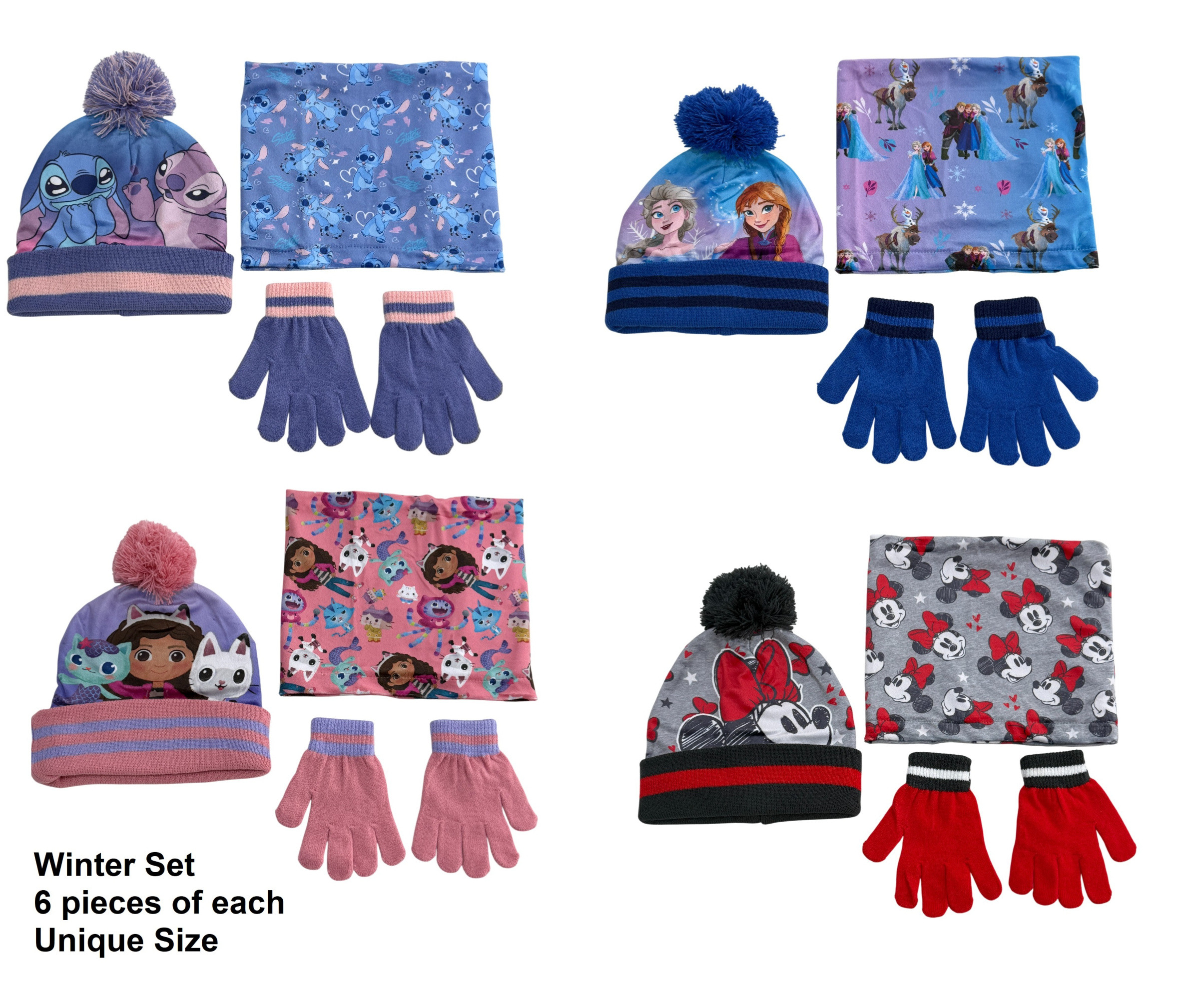 Grossiste Exquily - SET HIVER FILLE BONNET-GANTS-TOUR DE COU FROZEN GABY MINNIE STITCH