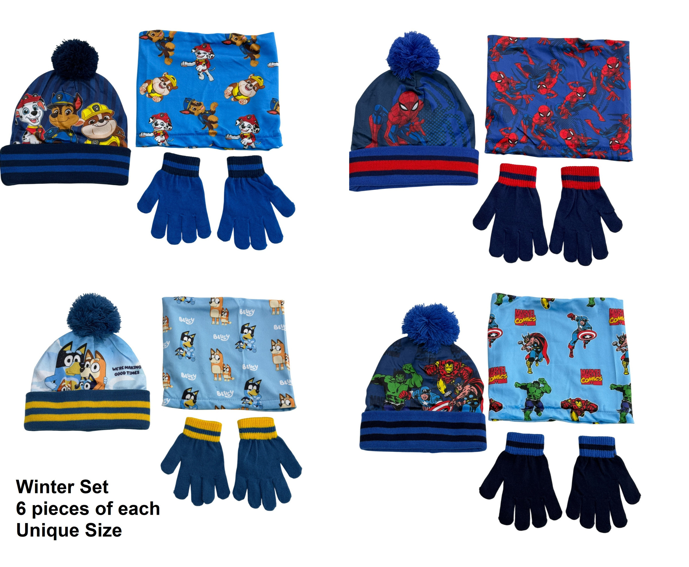 Grossiste Exquily - SET HIVER GARÇON BONNET-GANTS-TOUR DE COU PAW PATROL SPIDER MAN BLUEY AVENGERS
