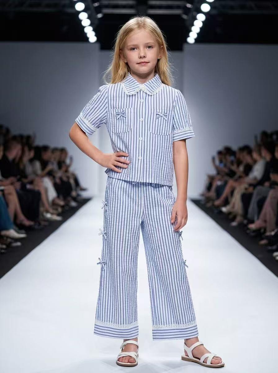 Großhändler Fiona & Co - Mädchen-Set: Bluse + lange gestreifte Hose mit Spitzendetails und Schleifen