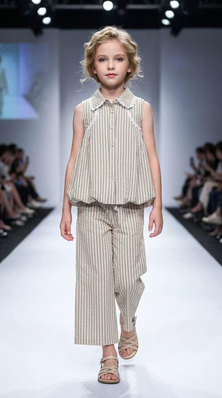 Mayorista Fiona & Co - Conjunto para niña con blusa de mangas abullonadas y pantalón largo a rayas con detalles bordados de encaje