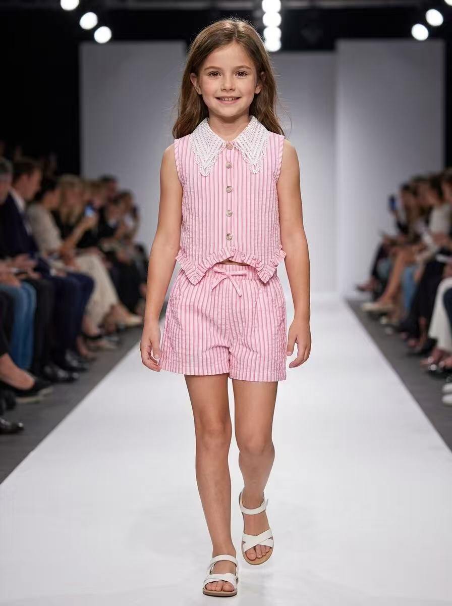 Großhändler Fiona & Co - Mädchen-Set: Bluse + gestreifte Shorts mit besticktem Kragen
