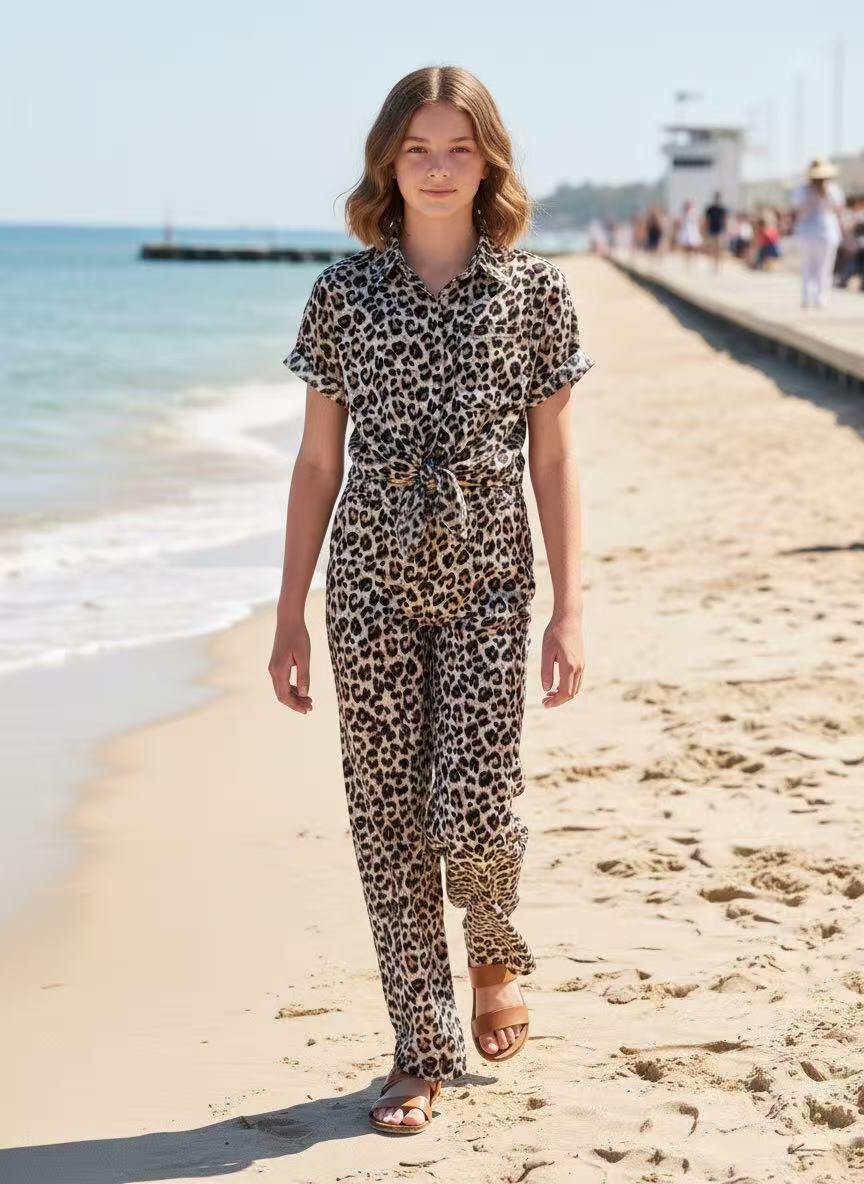 Großhändler Fiona & Co - Mädchen-Set: Leopardenmuster-Hemd + lange Hose