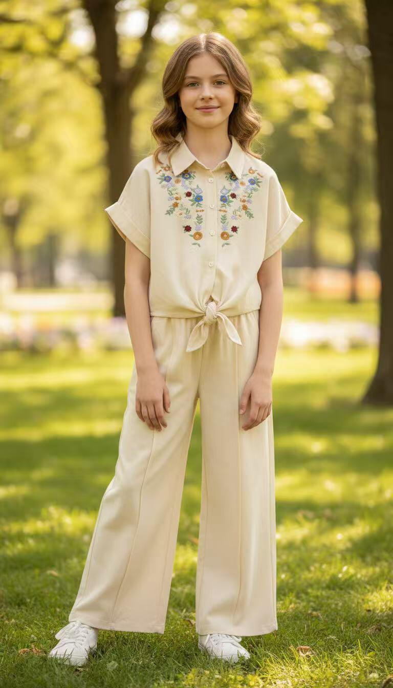 Mayorista Fiona & Co - Conjunto para niña: camisa bordada con flores + pantalón largo