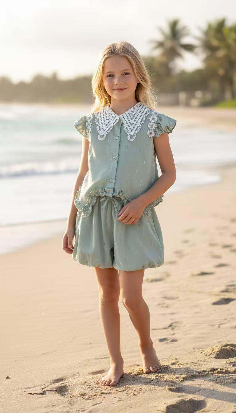 Mayorista Fiona & Co - Conjunto de niña: blusa + pantalones cortos globo con strass y cuello bordado