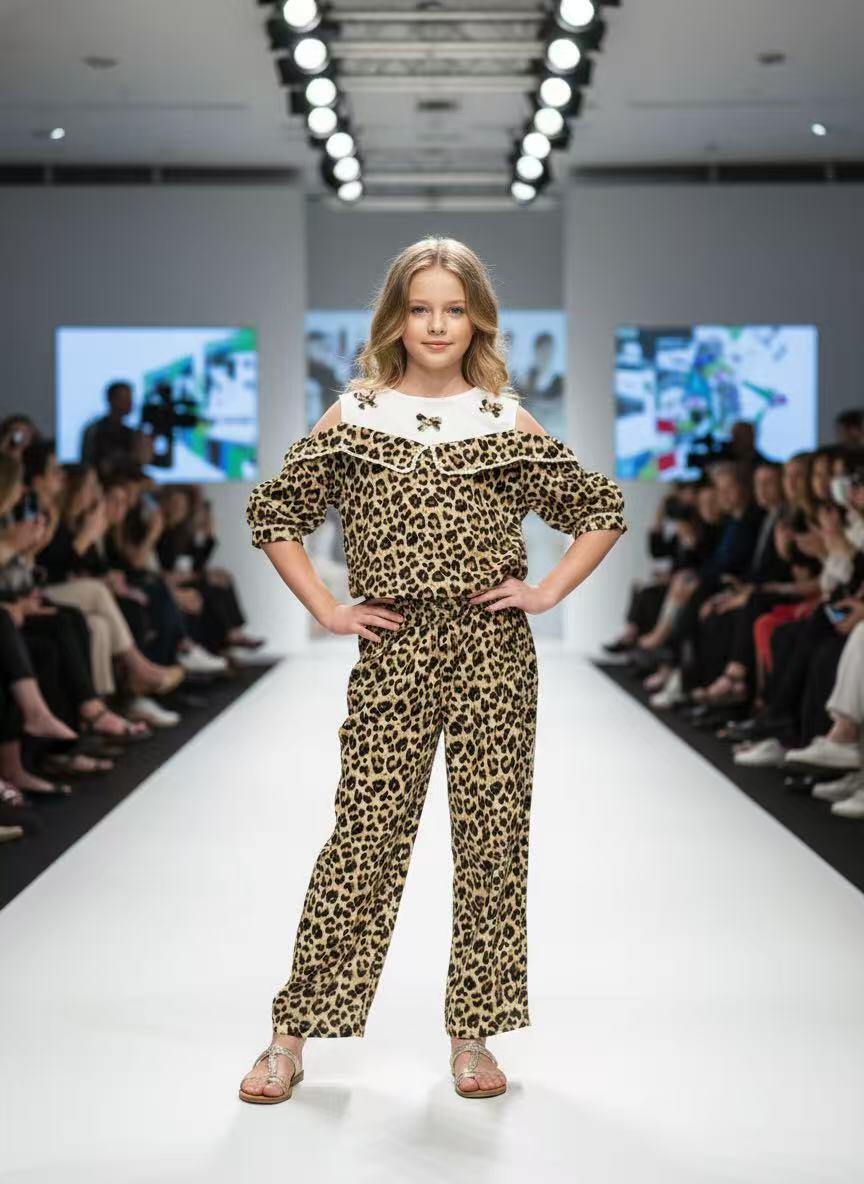 Mayorista Fiona & Co - Conjunto para niña: blusa + pantalón largo estampado de leopardo con detalles de lazos