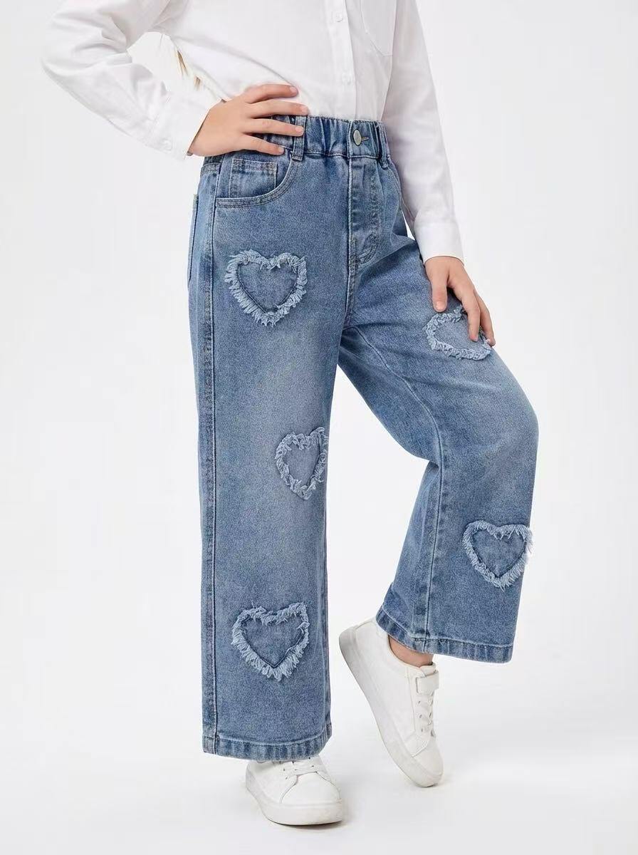 Großhändler Fiona & Co - Mädchen-Jeans mit weitem Bein aus Baumwolle mit elastischem Bund und zerrissenem Herz-Print