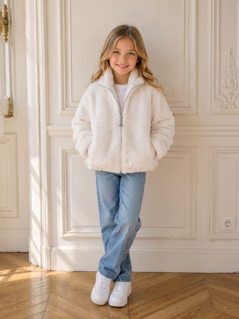 Mayorista Fiona & Co - Abrigo de invierno para niña de piel sintética con cremallera y cuello alto Mayorista Fiona & Co - Abrigo de invierno para niña de piel sintética con cremallera y cuello alto