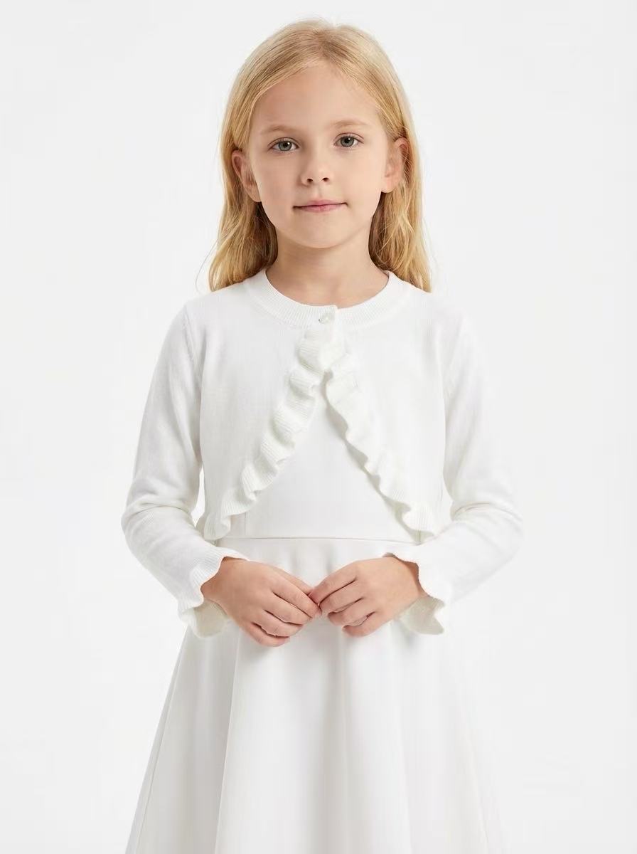 Mayorista Fiona & Co - Cárdigan de invierno para niña con bajo y puños con volantes Mayorista Fiona & Co - Cárdigan de invierno para niña con bajo y puños con volantes