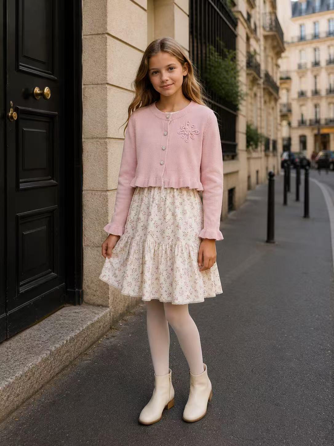Mayorista Fiona & Co - Cárdigan de invierno para niña con dobladillo y puños con volantes, botones de strass y detalles florales con perlas