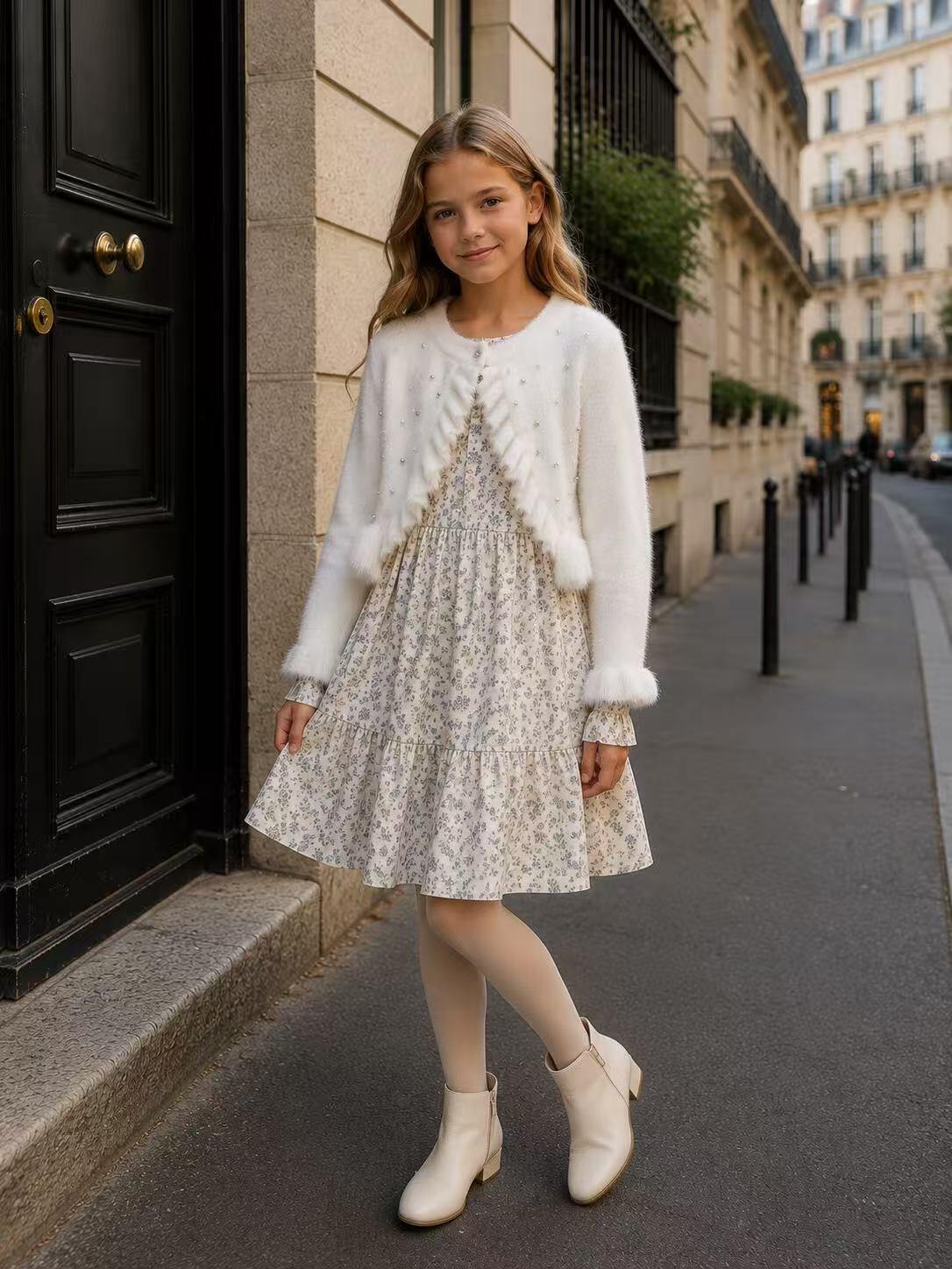 Mayorista Fiona & Co - Cárdigan de invierno para niña en punto esponjoso adornado con perlas y strass, con bajo y puños con volantes