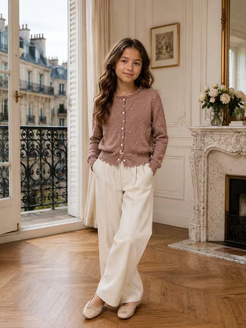 Mayorista Fiona & Co - Suéter de invierno para niña adornado con strass y botones de strass, festoneado en el bajo y los puños con cuello con volantes