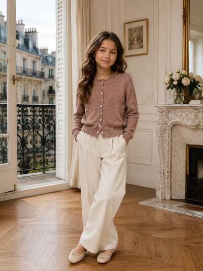 Mayorista Fiona & Co - Suéter de invierno para niña adornado con strass y botones de strass, festoneado en el bajo y los puños con cuello con volantes Mayorista Fiona & Co - Suéter de invierno para niña adornado con strass y botones de strass, festoneado en el bajo y los puños con cuello con volantes