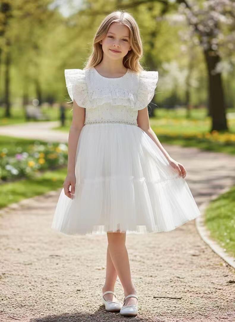 Grossiste Fiona & Co - Robe de cérémonie fille brodée en tulles avec manches papillon et détails perles et strass