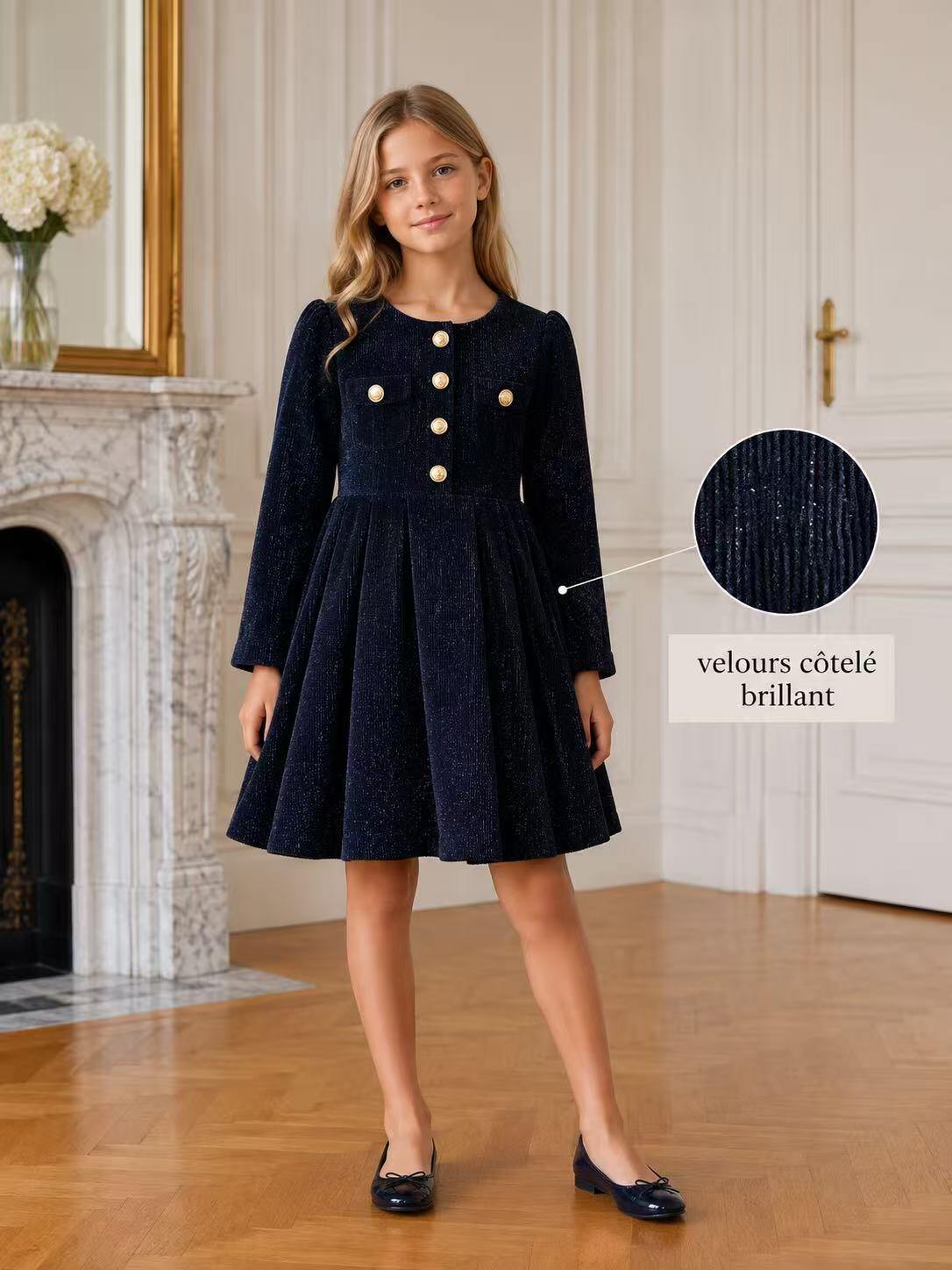 Mayorista Fiona & Co - Vestido de niña de pana de chenilla con mangas largas y detalles de botones dorados