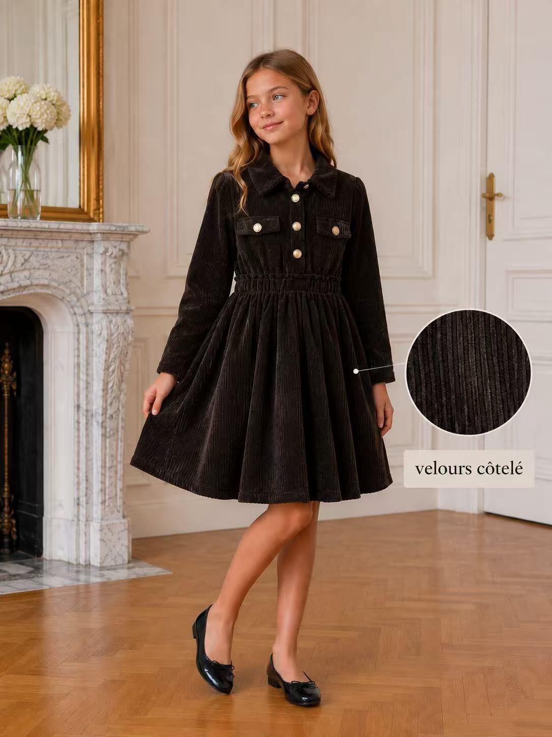 Mayorista Fiona & Co - Vestido de niña en pana de chenilla con botones dorados y cuello de camisa