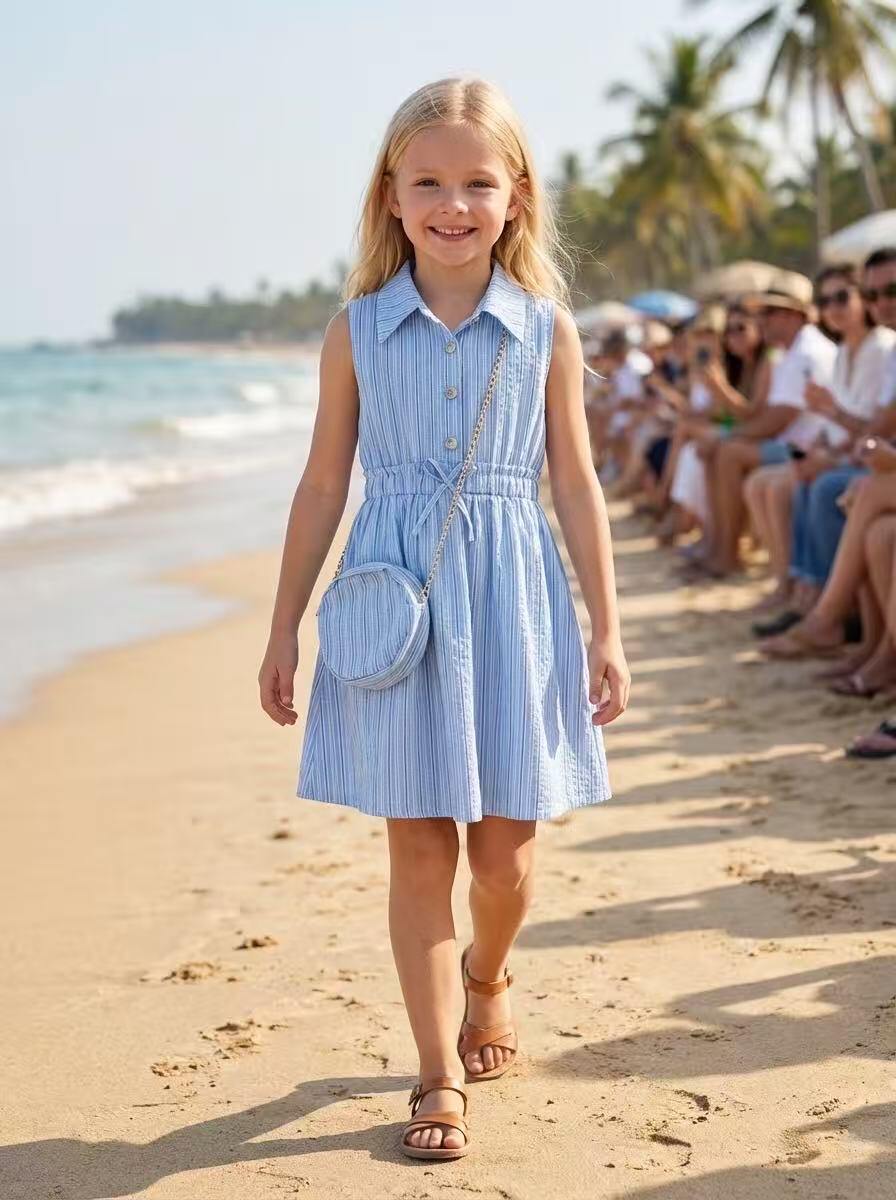 Großhändler Fiona & Co - Mädchenkleid mit Streifenmuster und Hemdkragen, inklusive gratis Tasche