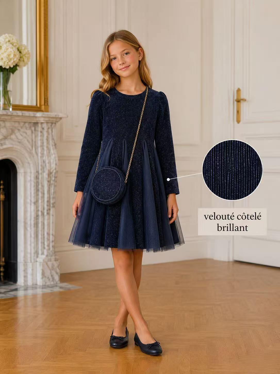 Mayorista Fiona & Co - Vestido de niña de pana de chenilla con mangas largas con volantes y bolso de regalo