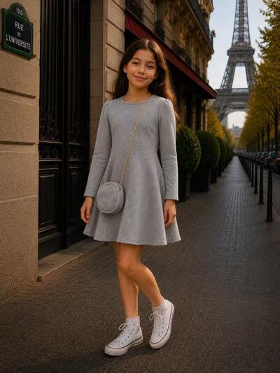 Mayorista Fiona & Co - Vestido skater para niña con mangas largas y strass, incluye bolso gratis Mayorista Fiona & Co - Vestido skater para niña con mangas largas y strass, incluye bolso gratis