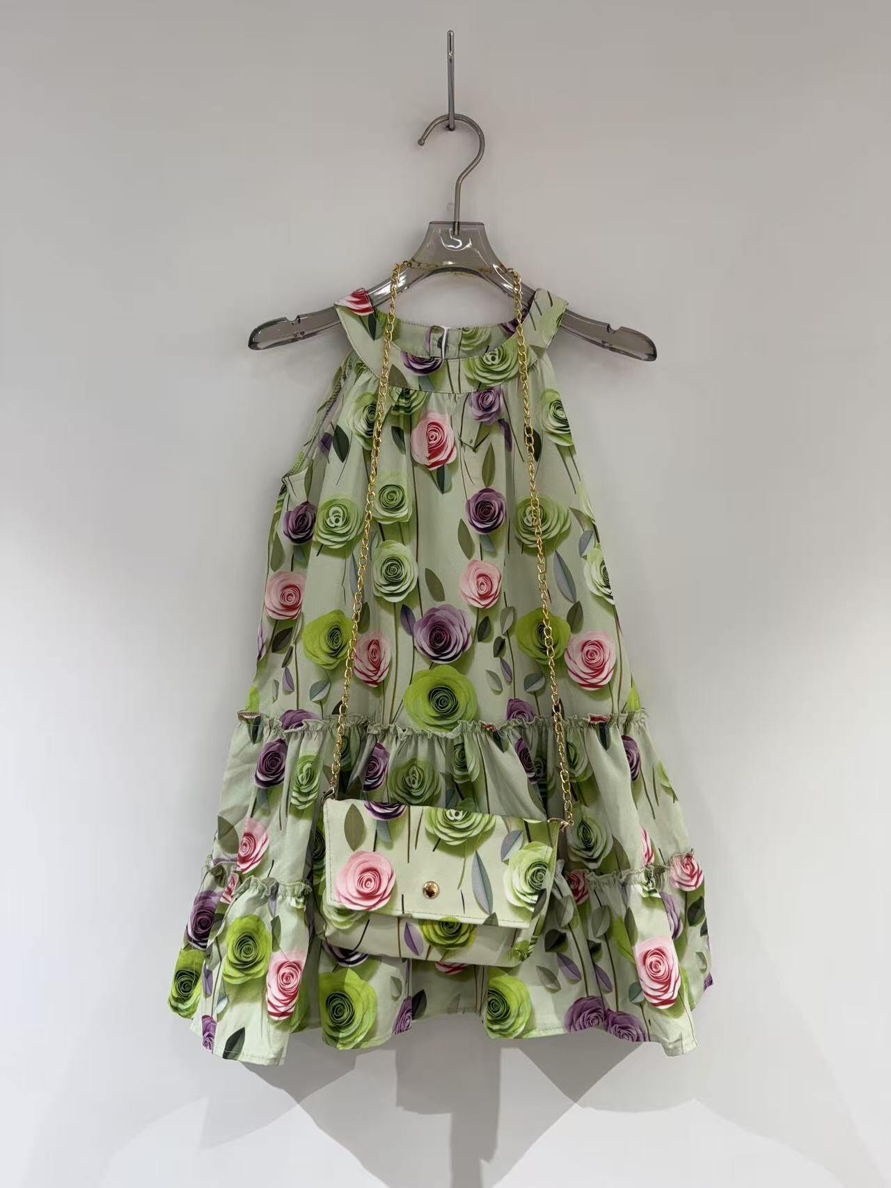 Wholesaler Fiona & Co - Girls' flared dress with halter neckline, floral print with matching bag
