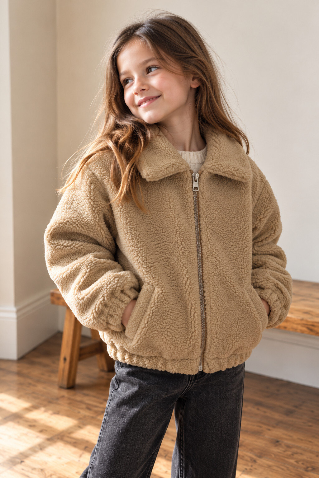 Grossista Grasstar - Giacca da ragazza in sherpa con colletto a camicia e chiusura con zip
