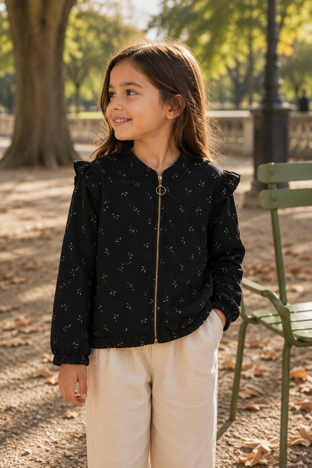 Mayorista Grasstar - Chaqueta estampada para niña con volantes y cierre de cremallera