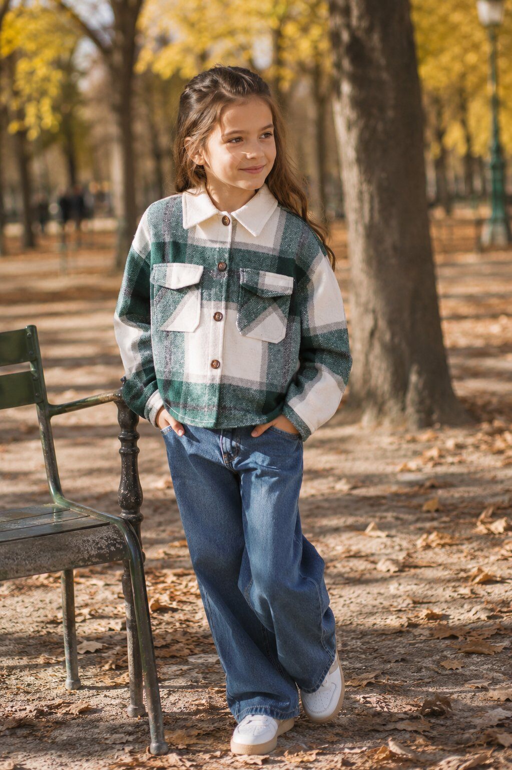 Mayorista Grasstar - Sobrecamisa de cuadros para niña con bolsillos de parche