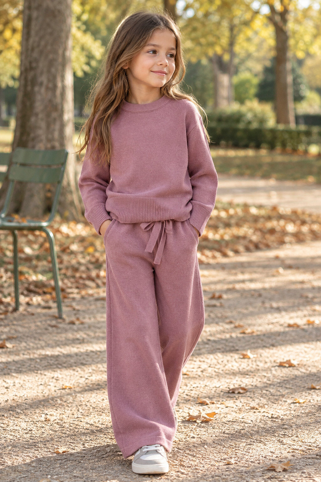 Grossiste Grasstar - Ensemble fille en maille avec pull et pantalon large à taille nouée