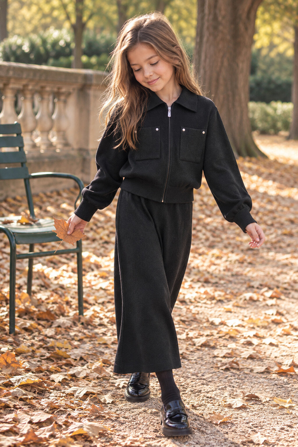 Mayorista Grasstar - Conjunto de punto para niña con chaqueta con cremallera y pantalón ancho