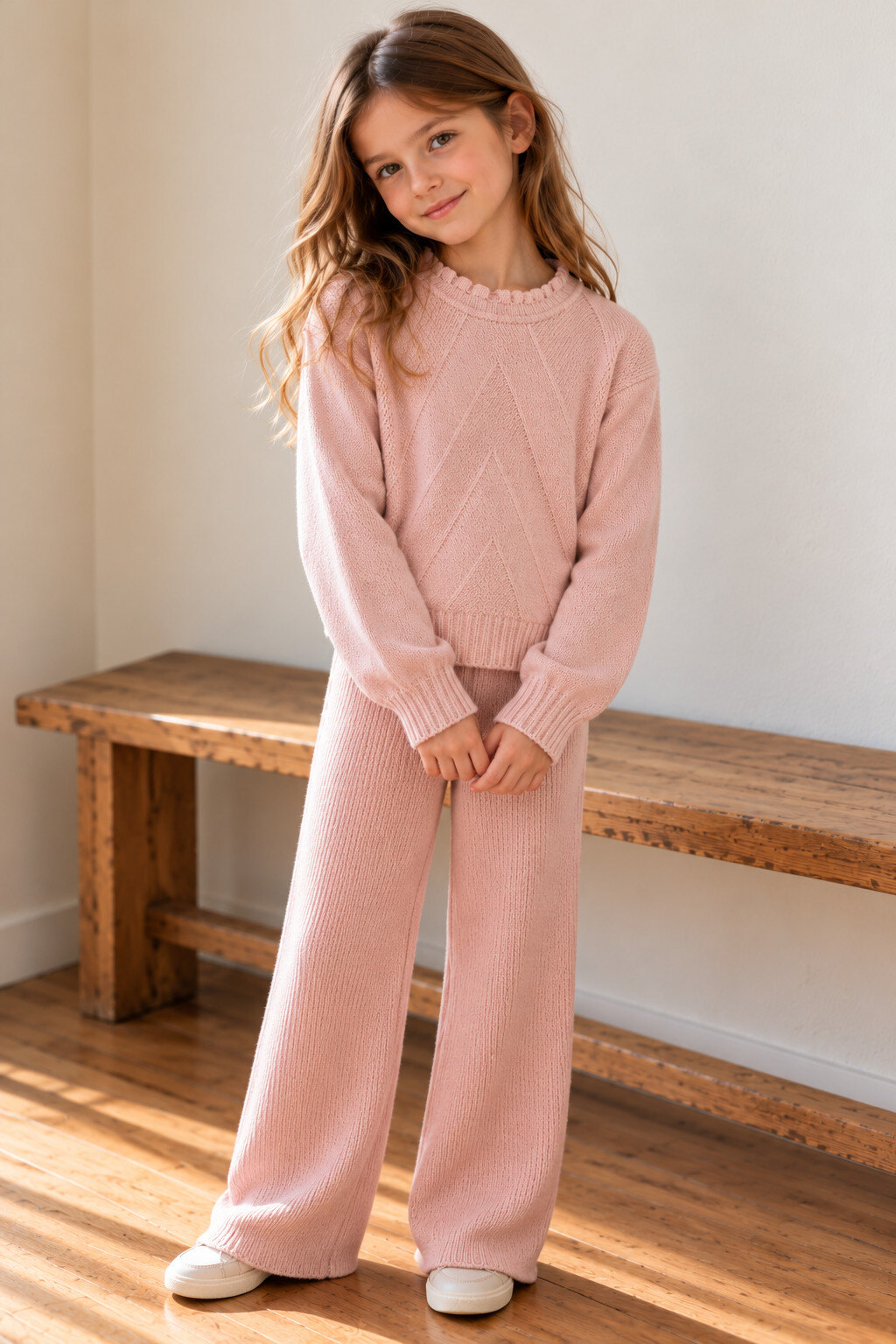 Grossiste Grasstar - Ensemble fille en maille côtelée avec pull à col volanté et pantalon large