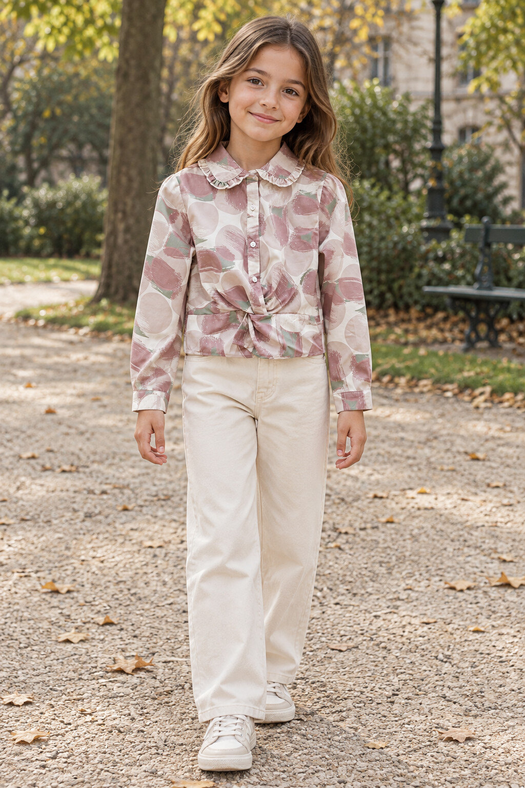 Grossiste Grasstar - Chemise fille imprimée à col volanté et détail noué sur le devant