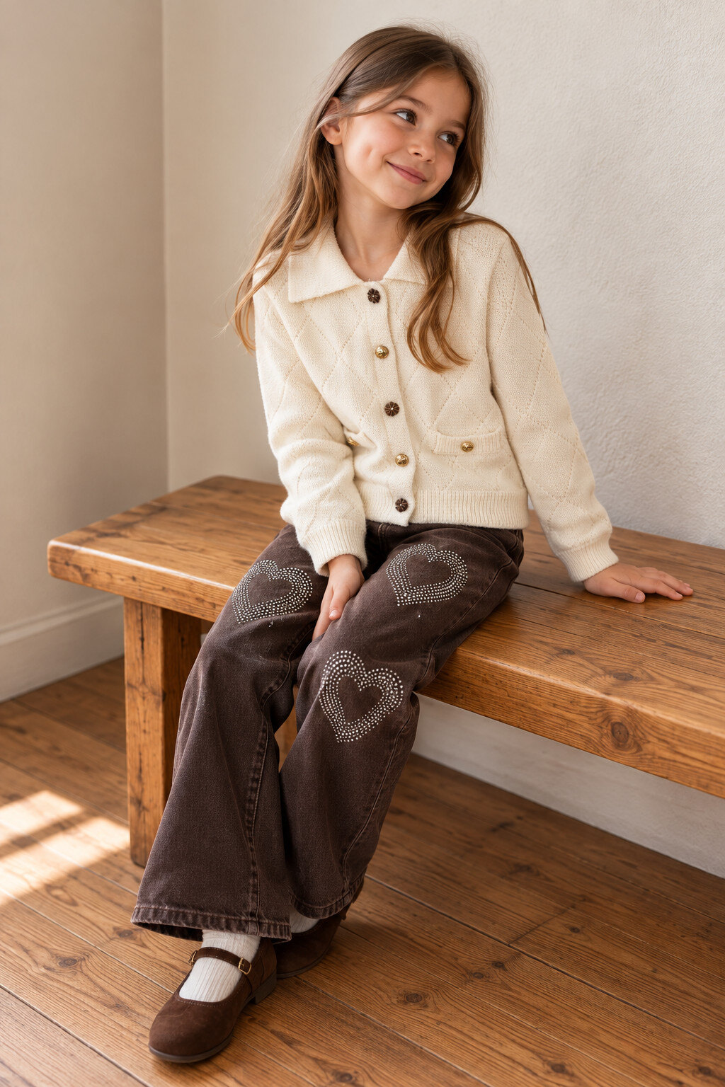 Grossiste Grasstar - Gilet fille en maille à col chemise et boutons bijoux