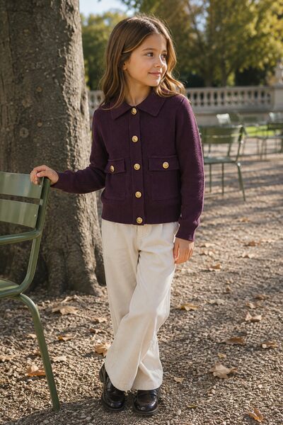 Grossiste Grasstar - Gilet fille en maille à col chemise et boutons dorés Grossiste Grasstar - Gilet fille en maille à col chemise et boutons dorés