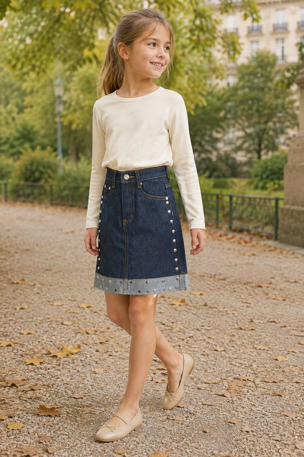 Grossiste Grasstar - Jupe en jean à clous métalliques et revers contrasté