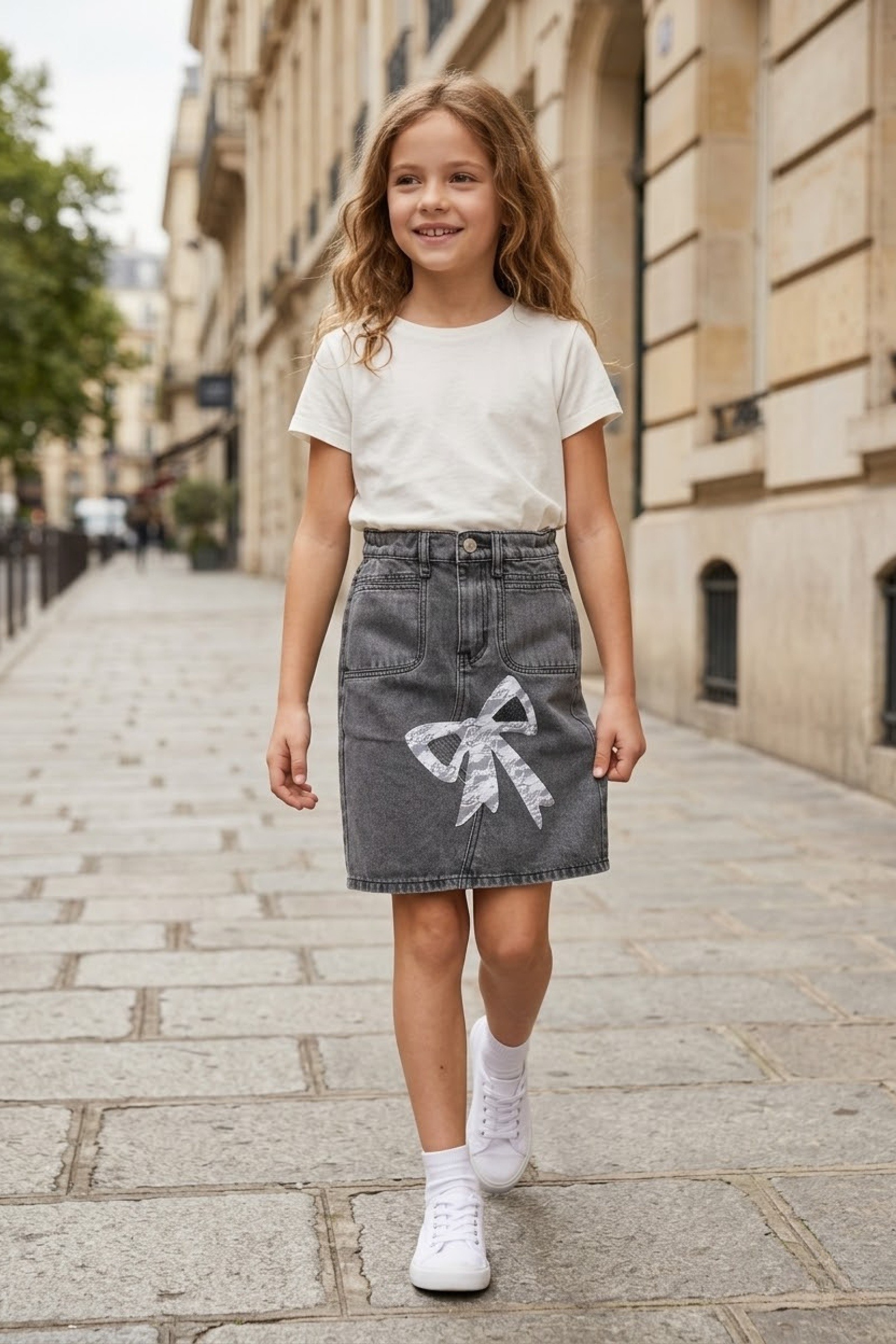 Grossiste Grasstar - Jupe en denim avec nœud en dentelle