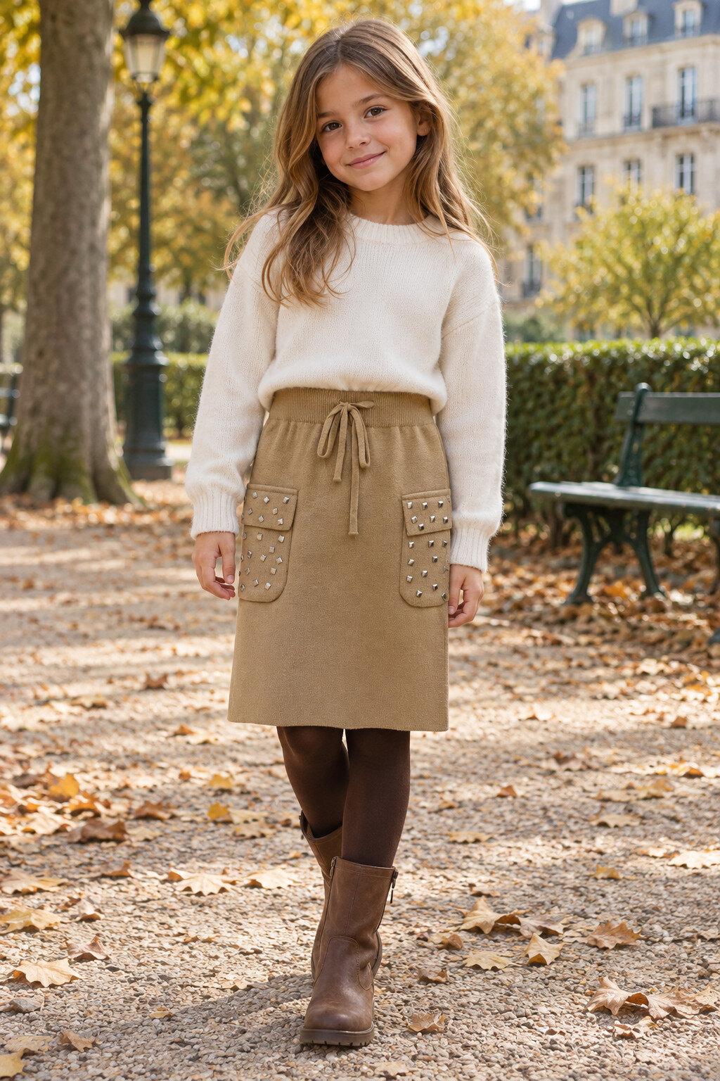 Grossiste Grasstar - Jupe fille en maille avec poches à clous et taille à nouer