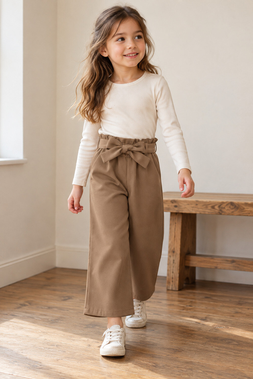 Grossiste Grasstar - Pantalon large fluide camel à taille nouée pour enfant