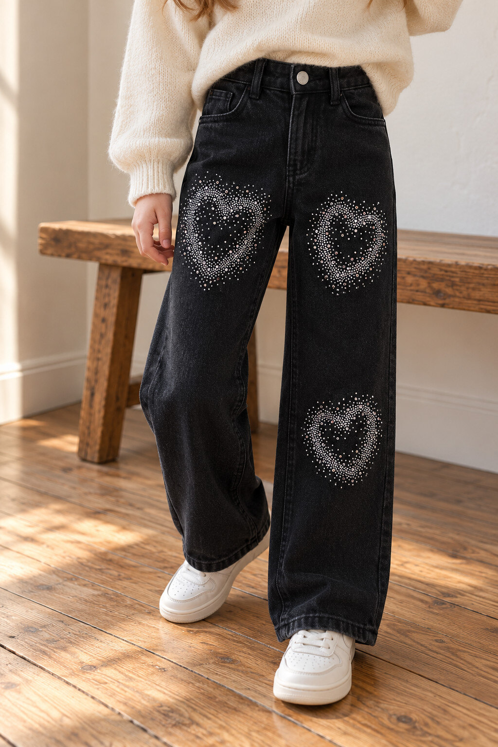 Großhändler Grasstar - Mädchen-Jeans mit weitem Bein, verwaschen, mit funkelnden Strass-Herzmustern