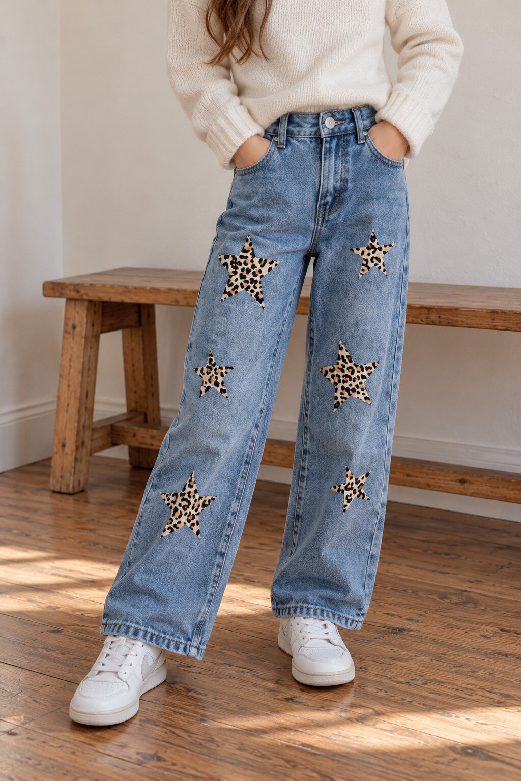 Großhändler Grasstar - Mädchen-Jeans mit weitem Bein und Leopardenmuster-Sternen