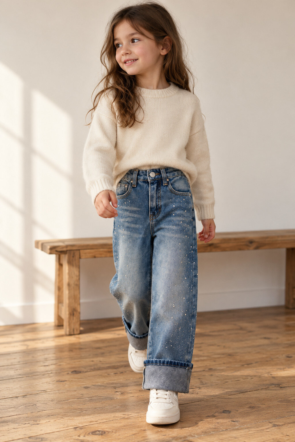 Wholesaler Grasstar - Girls' wide-leg jeans with rhinestones and cuffed hems