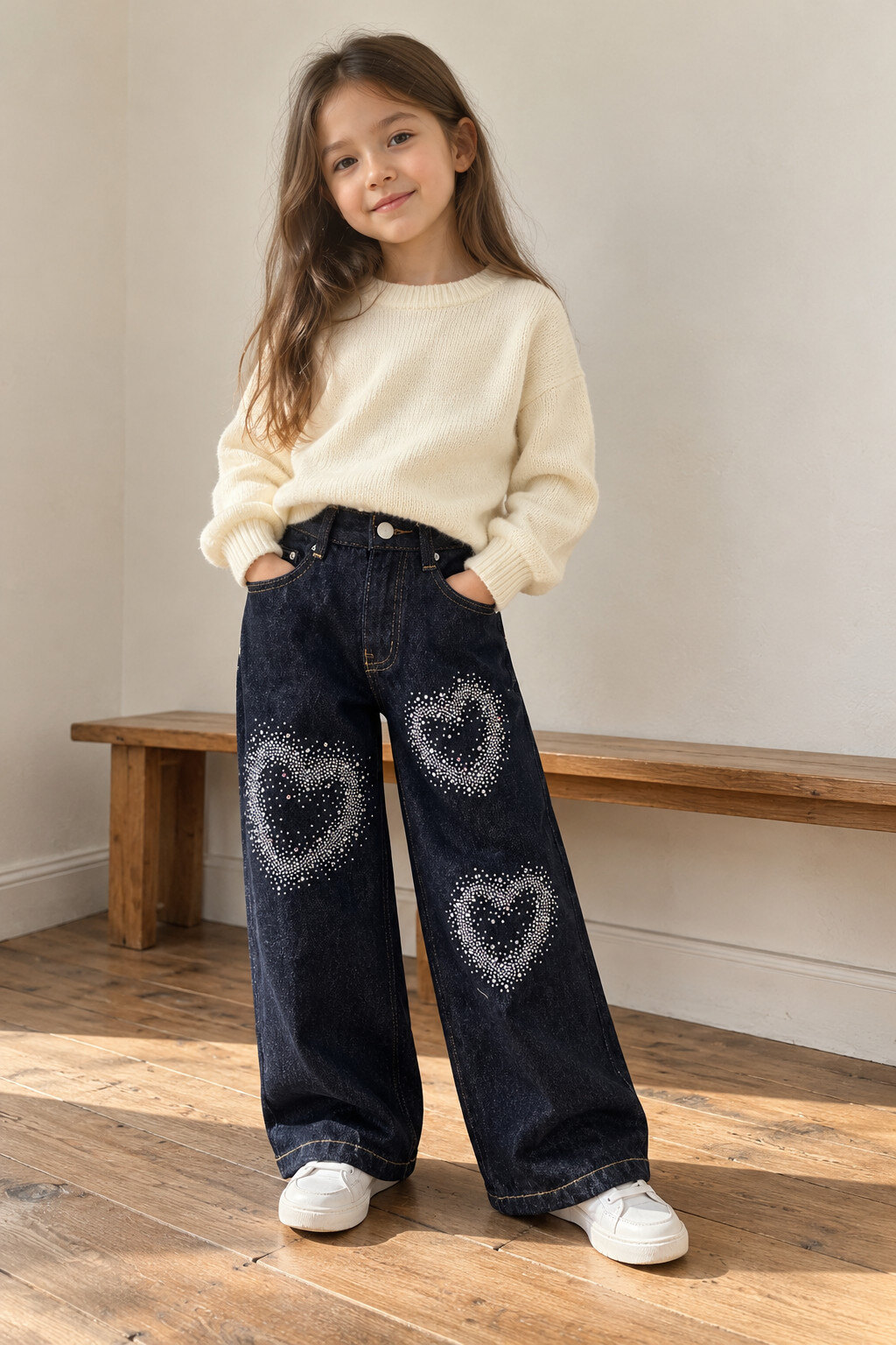 Mayorista Grasstar - Jeans anchos para niñas con corazones de strass