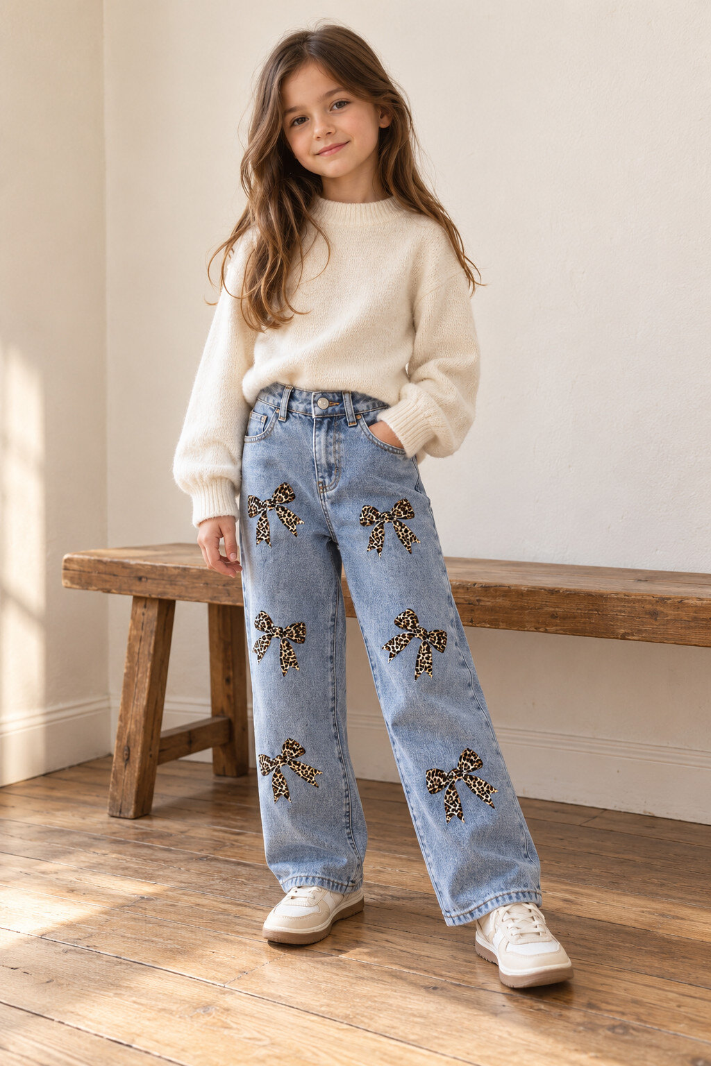 Großhändler Grasstar - Mädchen-Jeans mit weitem Bein und Leopardenmuster-Schleifen