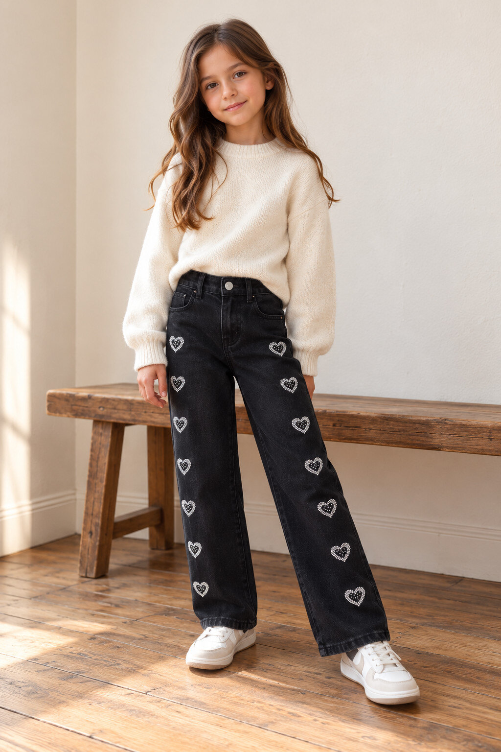 Großhändler Grasstar - Mädchen-Jeans mit weitem Schnitt und funkelnden Strass-Herzmotiven