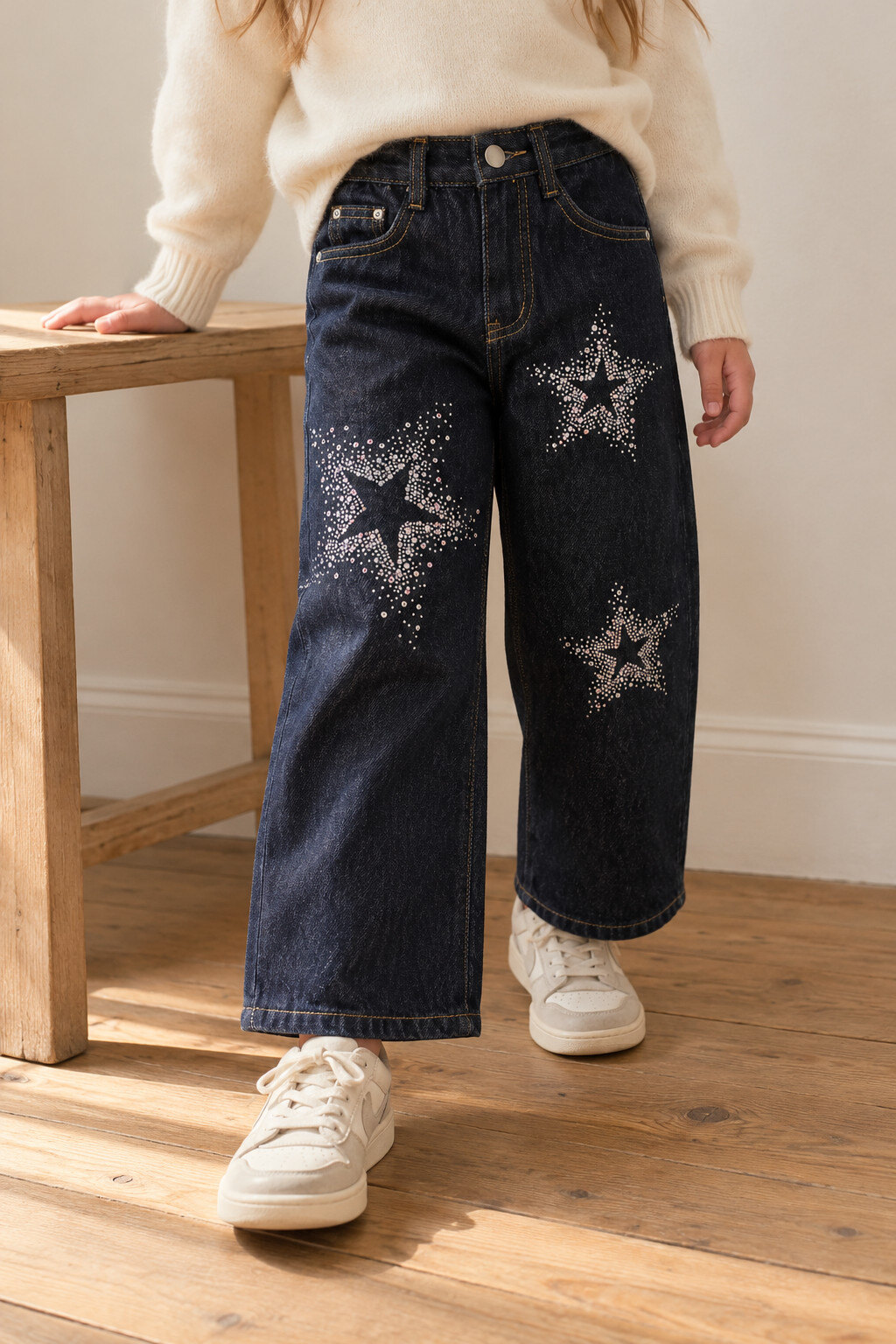 Mayorista Grasstar - Jeans anchos para niña con estrellas de strass