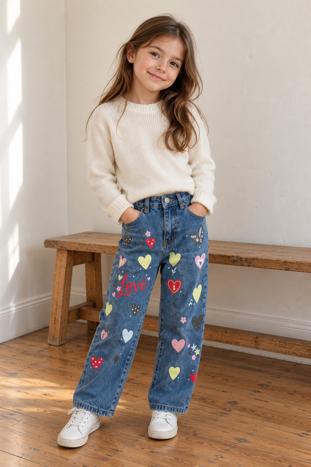 Großhändler Grasstar - Mädchen-Jeans mit weitem Bein, mehrfarbigen Herzmotiven und 'Love'-Aufschrift