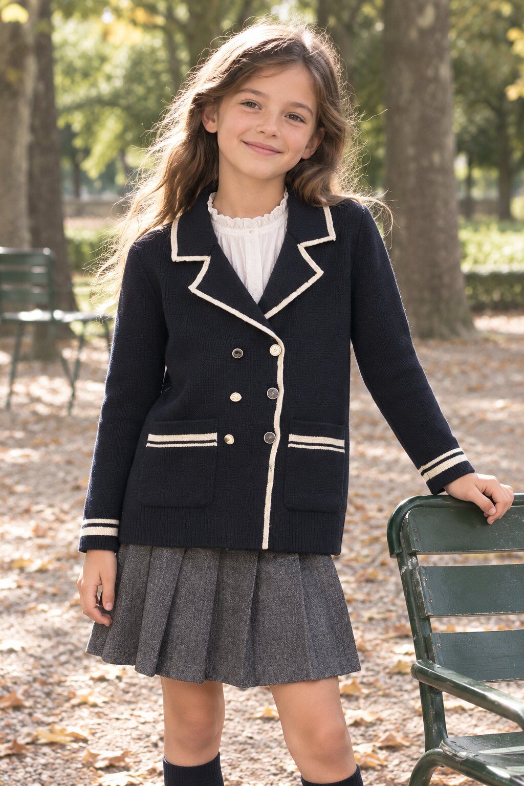 Mayorista Grasstar - Chaqueta de punto para niña con cuello sastre y acabados en contraste