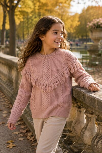 Mayorista Grasstar - JERSEY DE PUNTO TRENZADO CON FLECOS PARA NIÑA Mayorista Grasstar - JERSEY DE PUNTO TRENZADO CON FLECOS PARA NIÑA