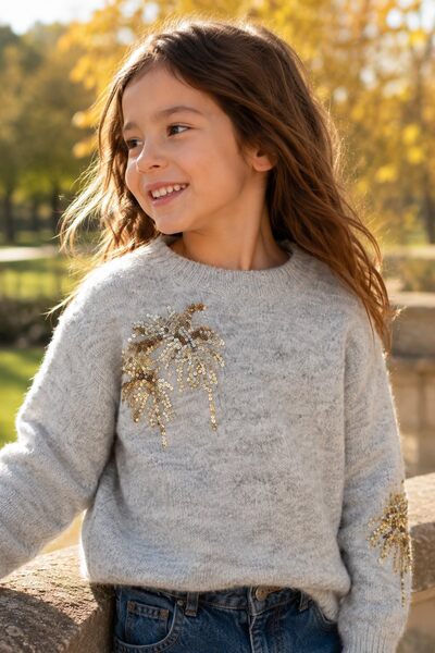 Mayorista Grasstar - Suéter de punto para niña con patrones de lentejuelas Mayorista Grasstar - Suéter de punto para niña con patrones de lentejuelas