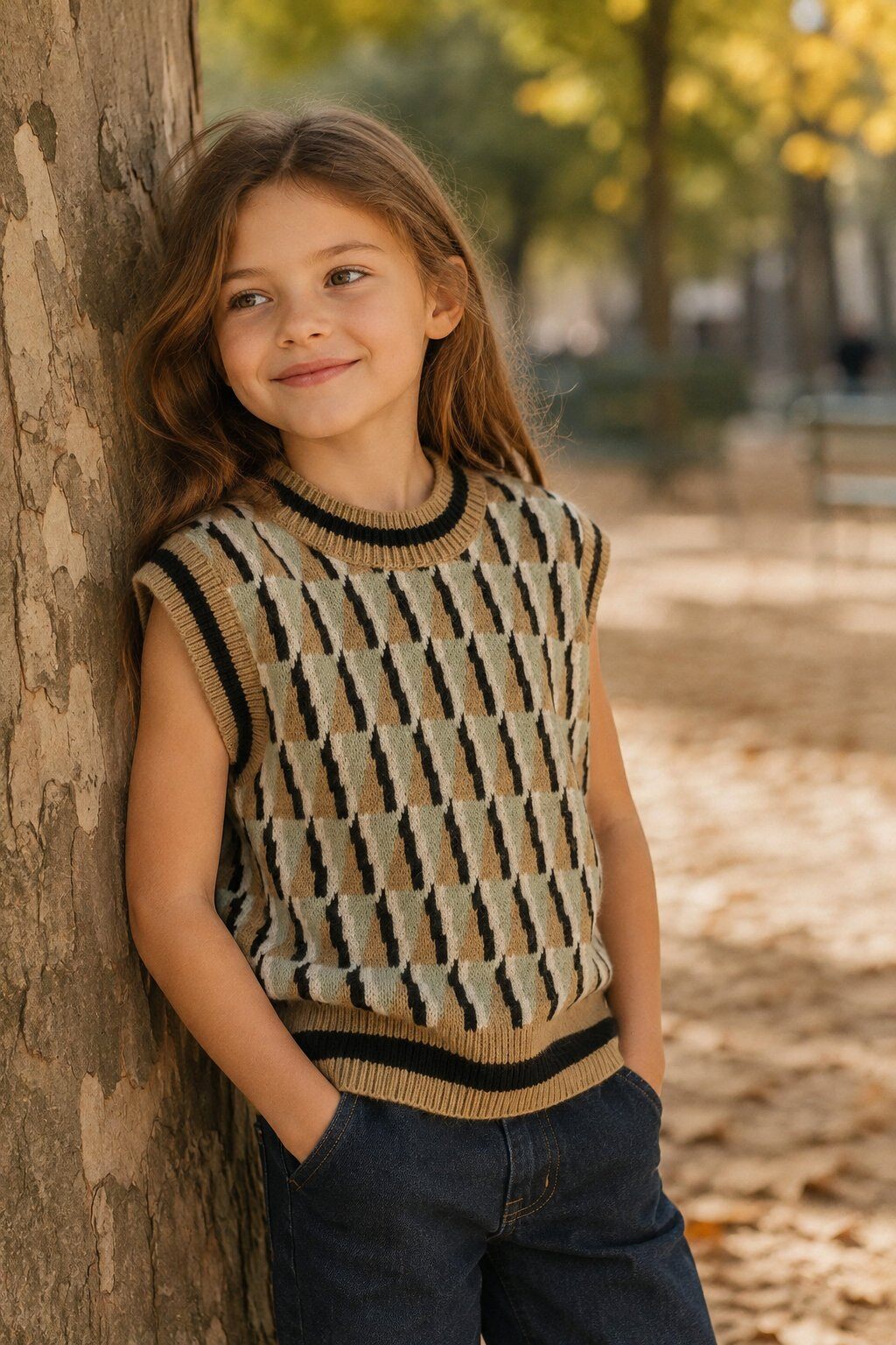 Grossiste Grasstar - Pull sans manches fille en maille jacquard à motifs géométriques