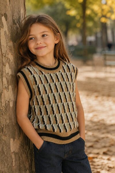 Mayorista Grasstar - Suéter sin mangas para niña de punto jacquard con patrones geométricos Mayorista Grasstar - Suéter sin mangas para niña de punto jacquard con patrones geométricos