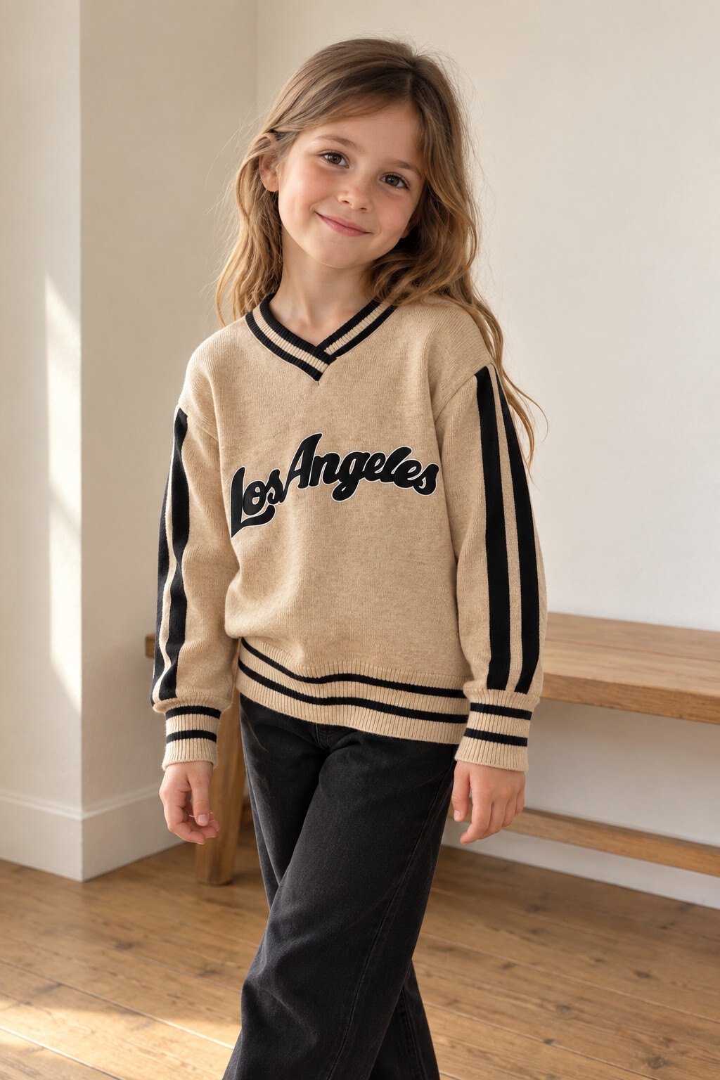 Grossiste Grasstar - Pull fille col V style varsity à inscription